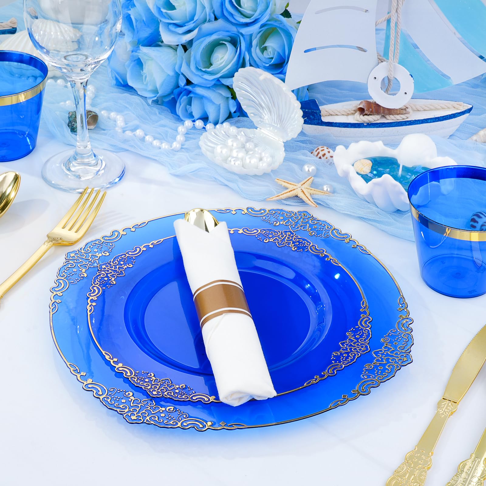 Bestluck 350 PCS Blue and Gold Plastic Plates, Disposable Dinnerware Set for 50 Guests, 100 Disposable Plates, 150 Silverwares, 50 Cups, 50 Napkins for Wedding, Party, Graduation