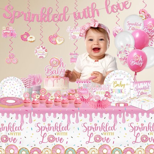Baby Sprinkle Decorations for Girl, Sprinkled with Love Baby Shower Supplies Donut Plates Napkins Cups Tablecloth Banner Cake Topper, Honeycomb Centerpieces for Pink Donut Baby Shower Decorations