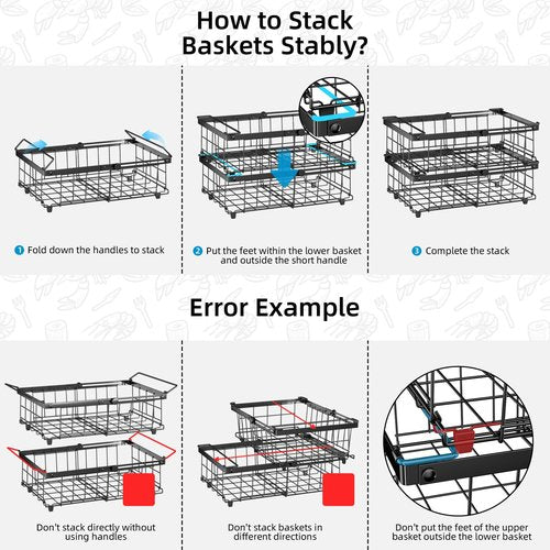 Deep freezer organizer bins-Fit 10 to 20 Cu.FT，4 Pcs stackable wire baskets for freezer，Vegetable Fruit Basket，kitchen countertop organizer，pantry organizers and storage，Expandable length 11.42-17.91"