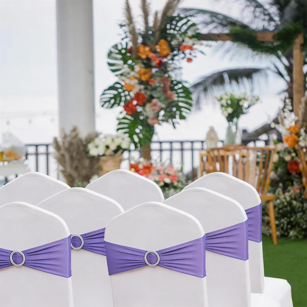 Skiennix Spandex Chair Sashes - Pack of 50 Lavender Chair Bows for Weddings & Events