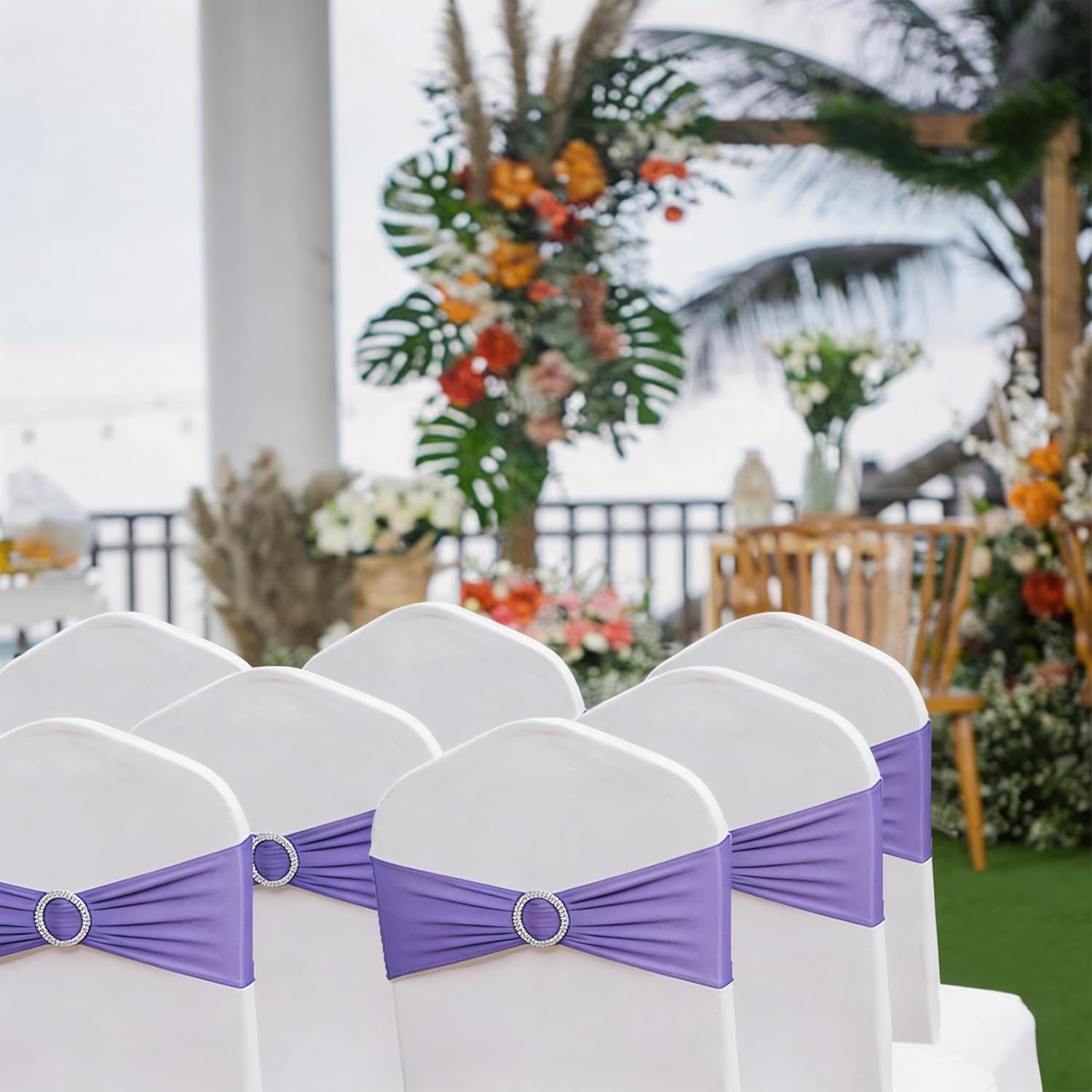 Skiennix Spandex Chair Sashes - Pack of 50 Lavender Chair Bows for Weddings & Events