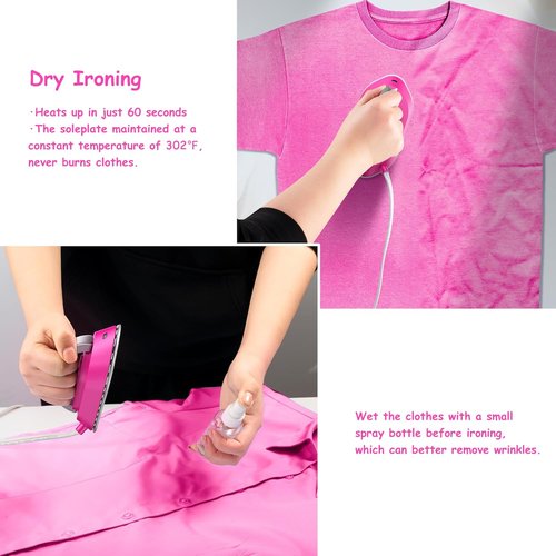 Newbealer Travel Iron - Mini Dry Iron with Global Voltage, 300W, 60s Heat Up, Non-Stick Soleplate | Hot Pink