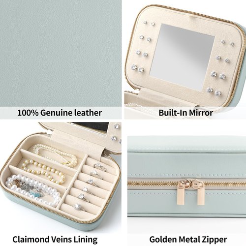 NGVRC Genuine Leather Travel Jewelry Organizer Case with Mirror for Women, Small Mini Portable Jewelry Box for Ring Earrings Necklace Bracelet Luxury Gift for Women（Cyan）