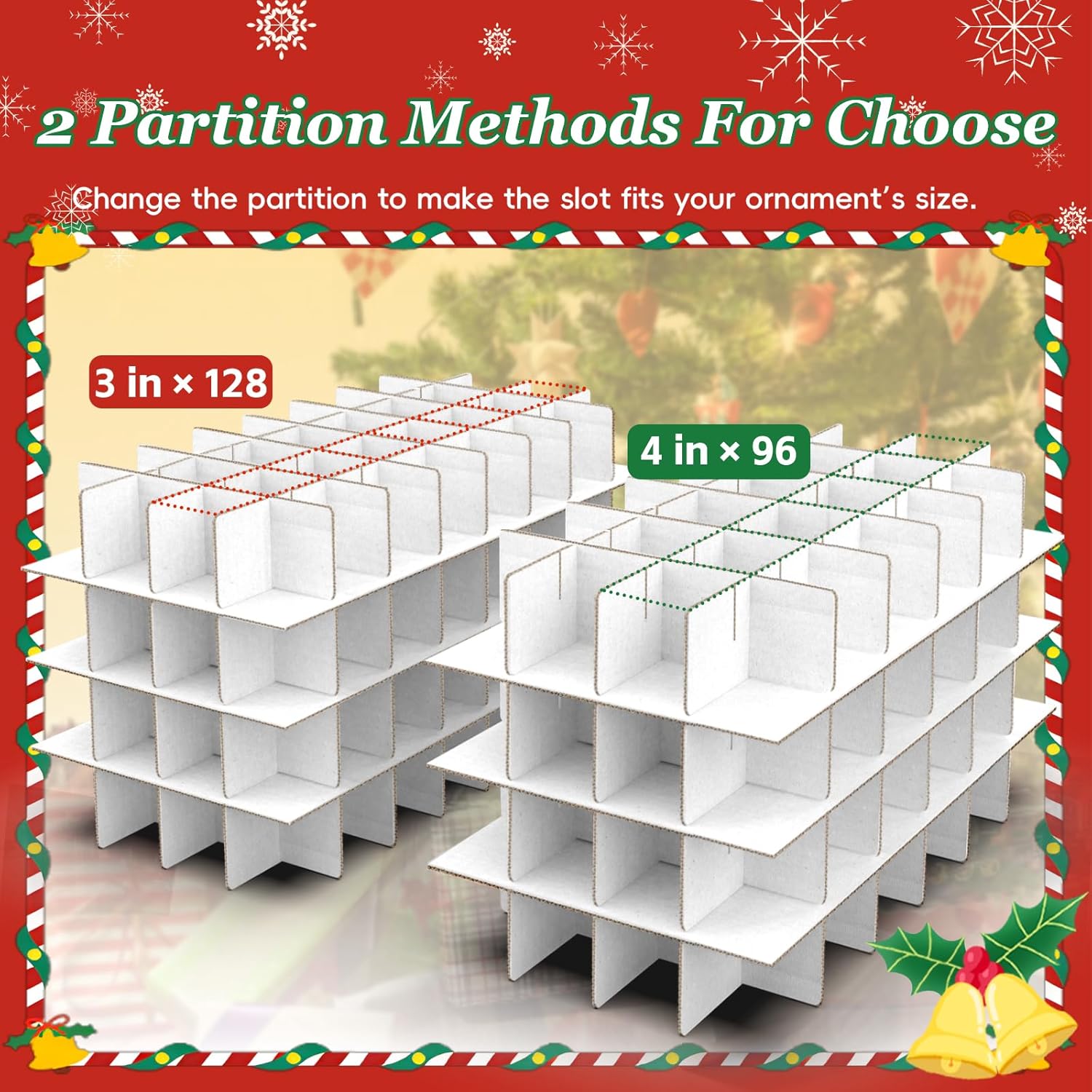 SeasonBliss Christmas Ornament Storage Box - Holds 128 Ornaments | Large, Sturdy Organizer with Adjustable Dividers & Zipper, Green