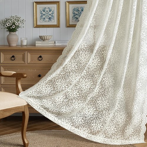 MIULEE Vintage Lace Curtains - 84-Inch Long Floral Scalloped Semi-Sheer Panels | Ivory, 52" W x 84" L