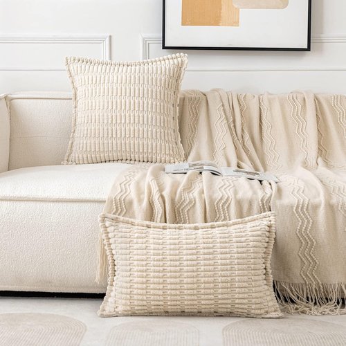 MIULEE Cream White Corduroy Throw Pillow Covers - Soft Striped Design | Set of 2, 18x18 Inch for Modern Boho Decor
