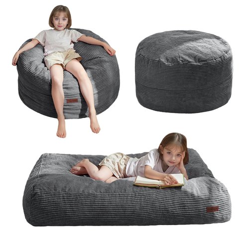 MAXYOYO Bean Bag Chair Bed for Kids, Convertible Bean Bag Folds from Lazy Chair to Floor Mattress Bed, Machine Washable Corded Fabric, Stuffed Floor Sofa Couch for Boys and Girls, Dark Grey
