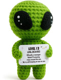 Happy 13th Birthday Milestone Keepsake – Handmade Crochet Alien Plush Doll with Funny Official Teenager Positive Affirmation Message Card – 13 Years Old Gift for Son, Daughter, Friend, or Grandchild