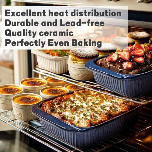 Artena Baking Dish - 5.1 Quart White Ceramic Casserole Pan with Handles | Deep Lasagna Bakeware, Blue