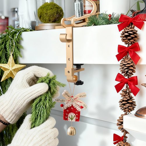 Acrridi Stocking Hangers for Mantel,4 Pcs 2 in 1 Adjustable Fireplace Christmas Stocking Holder,No-Drill, Easy to Install Garland Hanger for Christmas Decorations,Fits 0.1”-3.5”Mantles (Gold, 4)