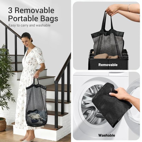 Fuonsyn 185L Laundry Hamper 3 Section with Lid, Grey Hamper 3 Compartment with 3 Removable Laundry Bags, Large Laundry Basket for Bedroom, Laundry Room, Dorm