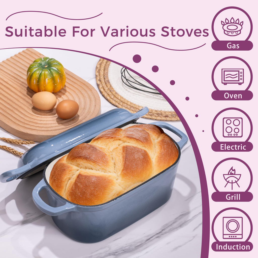 Vanderlume 4.6-Quart Oval Dutch Oven for Bread Baking, 2 in 1 Enameled Cast Iron Bread Pan with Lid, Sourdough Bread Dutch Oven for a Crispy Crust, Seasalt