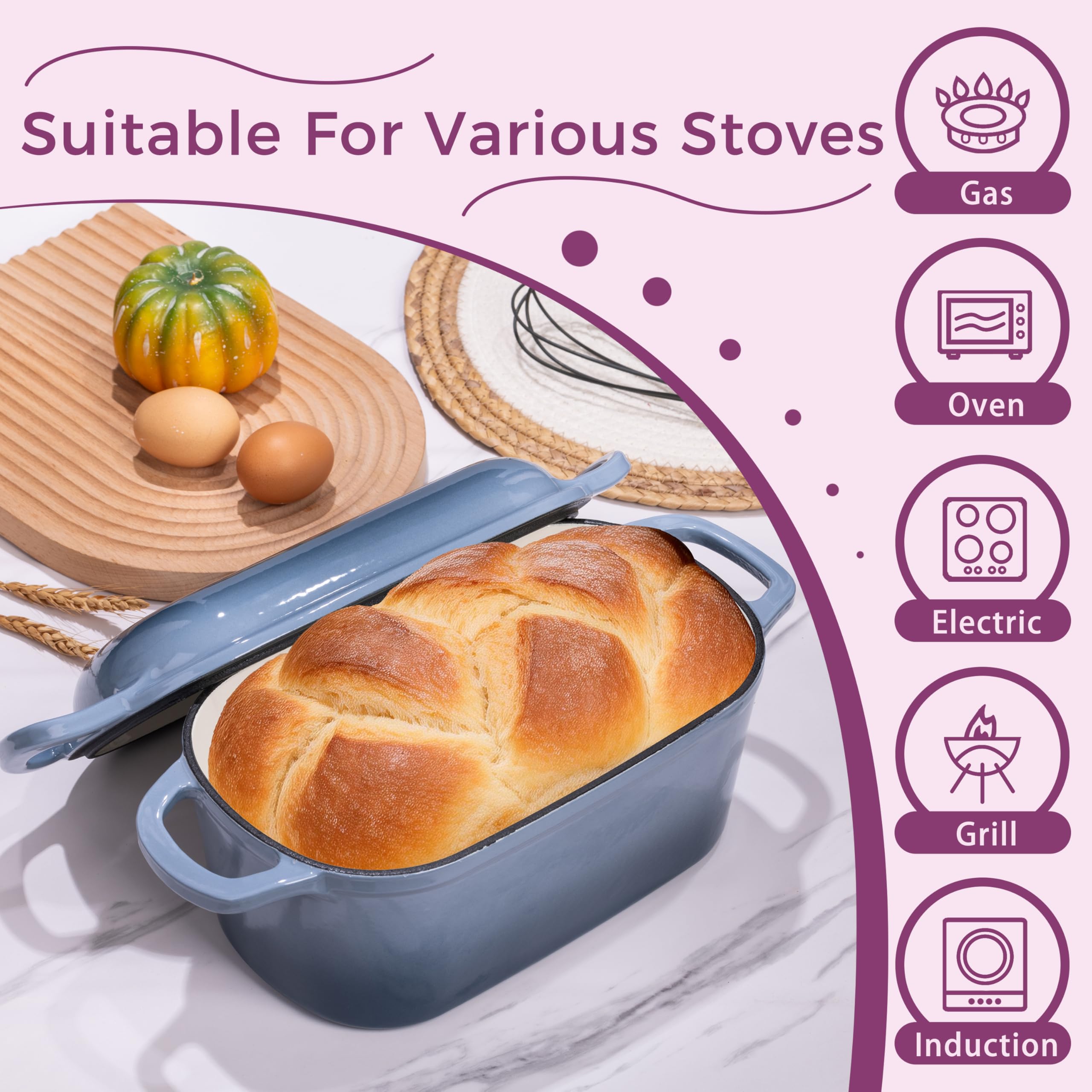 Vanderlume 4.6-Quart Oval Dutch Oven for Bread Baking, 2 in 1 Enameled Cast Iron Bread Pan with Lid, Sourdough Bread Dutch Oven for a Crispy Crust, Seasalt