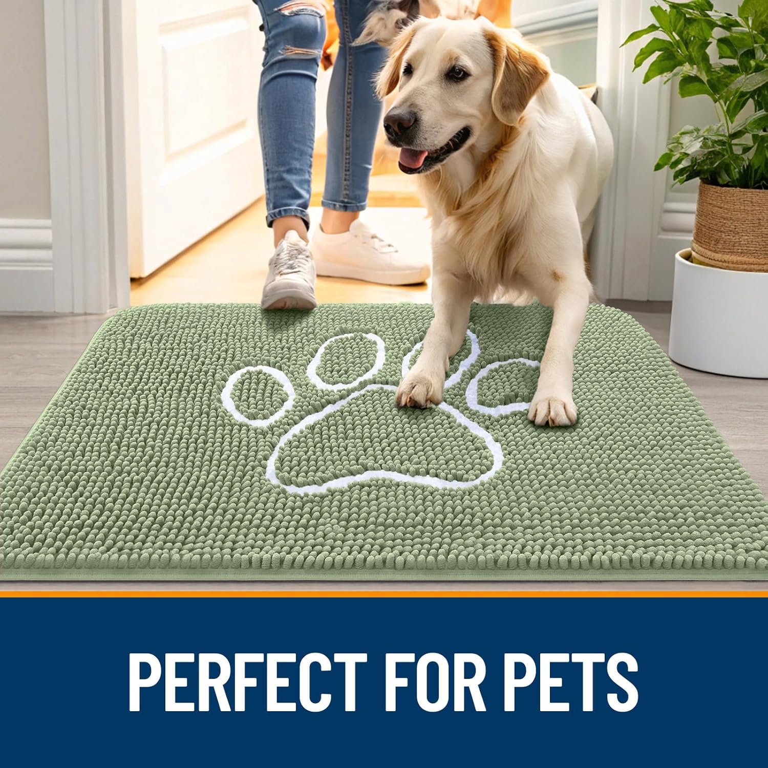 OLANLY Dog Door Mat - Absorbent Muddy Paws Doormat | Non-Slip Chenille, 47x32, Sage Green
