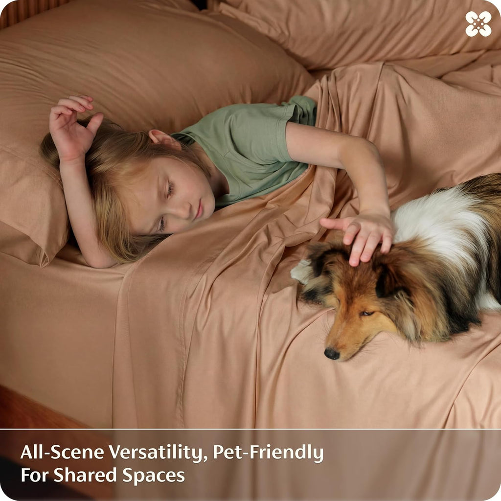 Bedsure Queen Sheet Set - Cooling Bamboo Sheets | Breathable & Soft, Deep Pocket Up to 16 Inches, Khaki