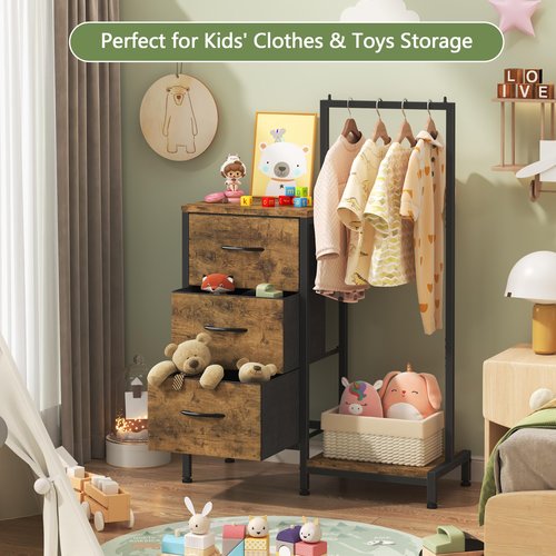 AFLUI Dresser for Bedroom with Hanging Rack, 3 Drawers Dresser for Bedroom - Rustic Brown