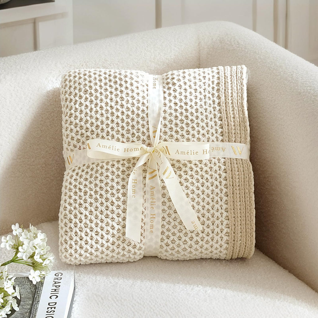 Amélie Home Honeycomb Knit Throw Blanket for Couch, Dual-Sided Soft Chenille Decorative Blankets for Sofa & Chair, 50"x60", Khaki & White