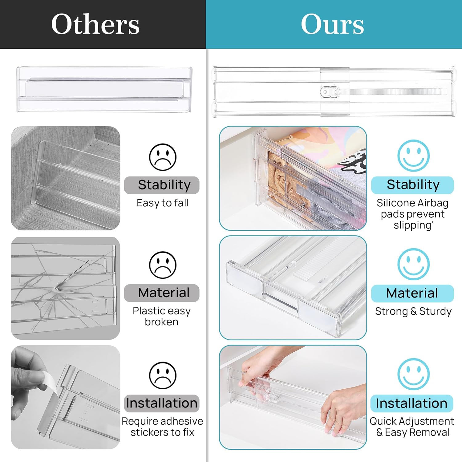 Vtopmart 8-Pack Drawer Dividers - Expandable Clear Organizers for Clothes & Cosmetics (12.8"-22.3")