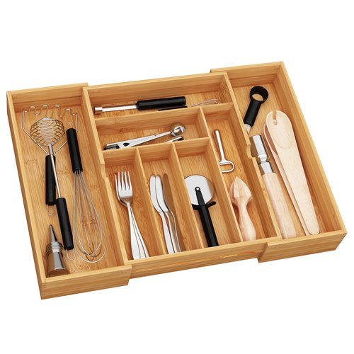 BAMEOS 3" Deepth Expandable Drawer Organizer, Deep Flatware Organizer, Adjustable Silverware Organizer, Bamboo Drawer Organizer for Kitchen, Bathroom (Natural)