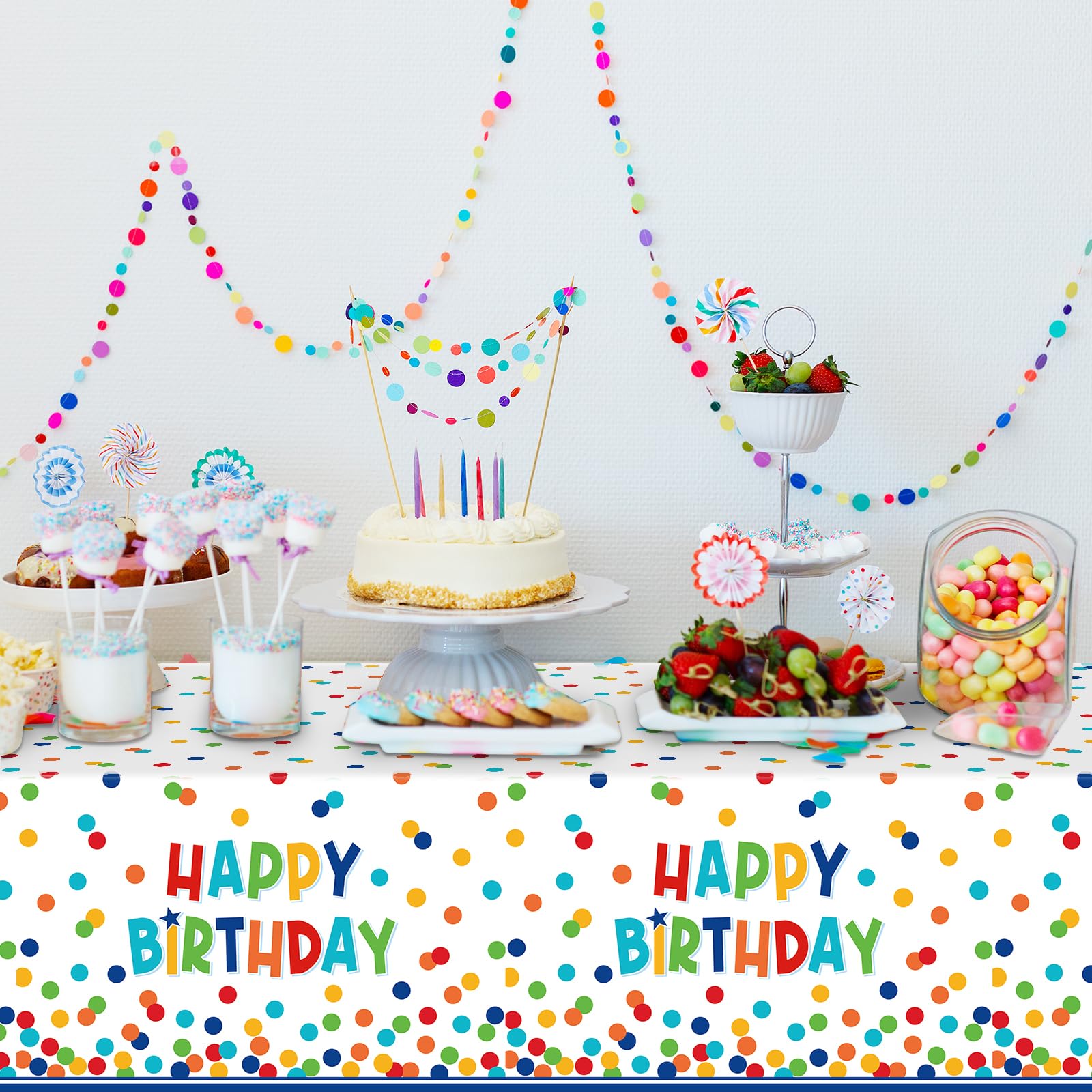 1 Pack Happy Birthday Plastic Tablecloth Decorations,Disposable Colorful Polka Dots Table Cloths,Rectangle Waterproof Table Cover for Girls Boys Birthday Baby Shower Party Decorations,54x108 Inch