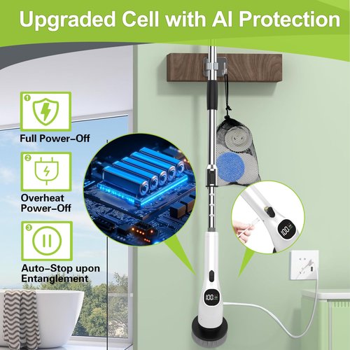 WKY-Electric Spin Scrubber - 10-in-1 Cordless Shower Scrubber & Cleaning Brush with Extendable Handle, 2 Speeds, IPX7 Waterproof Brush Heads, LED Display, Smart AI Chip,for Bathroom, Kitchen White