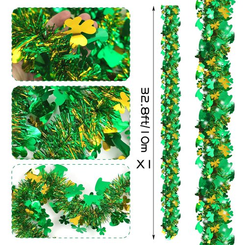 33FT St Patricks Day Garland Decor Gold Green Hat Shamrock Tinsel Garland for Home Indoor Outdoor St Patricks Day Party Supplies