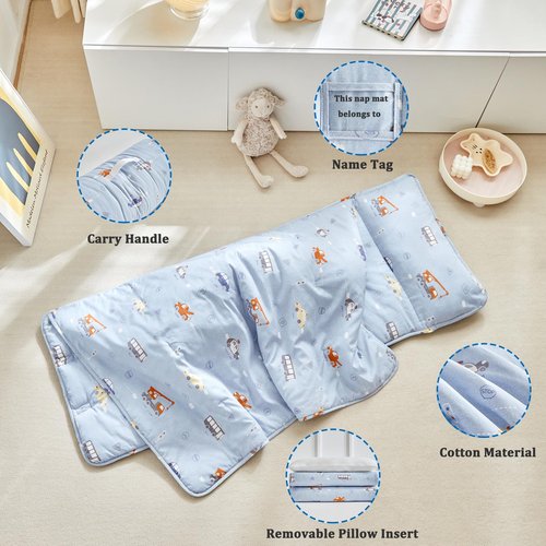DuShow Cotton Toddler Nap Mat for Boys,Roll Up Slumber Bags Cars Pattern,Toddler Nap Mat with Removable Pillow and Blanket, Kids Sleeping Mat for Daycare,Preschool and Kindergarten-Blue
