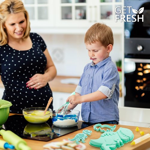 GET FRESH Dinosaur Baking Cooking Tool Set for Kids – 12-PCS Dino Silicone Bakeware Moulds for Kids Baking Candy Jelly Gummy Making and 3 Dinosaur Fossil Cookie Cutter Stampers – Dino Cake Candy Molds