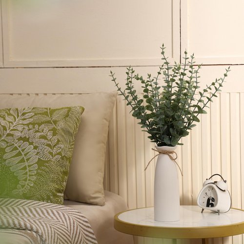 Shanranplus Vase with Greenery, 20pcs Artificial EucalyptusStems in White Vase, Boho Home Decor Plant, 19" Decorative Fake Plants for Home Farmhouse Mantle Centerpiece Decor