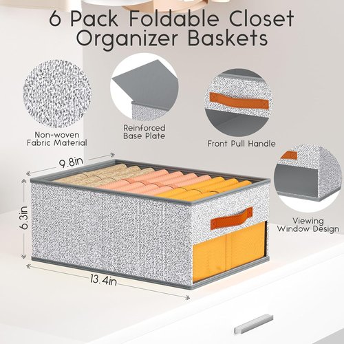Homsorout Drawer Organizers - 6 Pack Foldable Fabric Pants Organizer with Clear Window & Handles | Light Gray