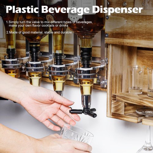Homde Wine Rack with LED Light Wall Mounted Wood Alcohol Shelf with Bottle Stemware Glass Holder Rustic Whiskey Display Storage with 4-Bottle Liquor Dispenser for Home Bar Kitchen Decor
