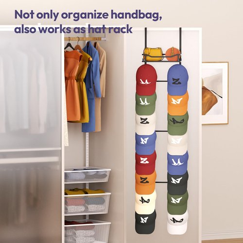 SWTYMIKI Over The Door Purse Organizer - Wall Mounted Purse Rack with 16 Hooks and Metal Basket, Handbag Hanger Organizer Holds up to 16 Bags, Bag Rack Can Use As 1/2 Part, for Door, Closet