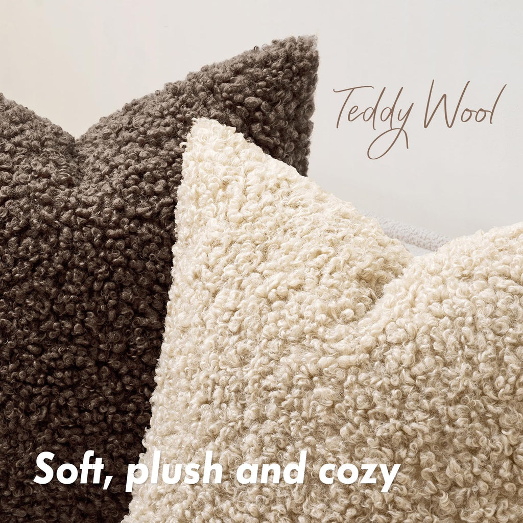 Woaboy Faux Fur Throw Pillow Covers 20x20 Inch Set of 2 Boucle Neutral Decorative Sherpa Fuzzy Accent Soft Sheepskin Fleece Cushions Modern Home Decor for Couch Sofa Bedroom Living Room,Oatmeal