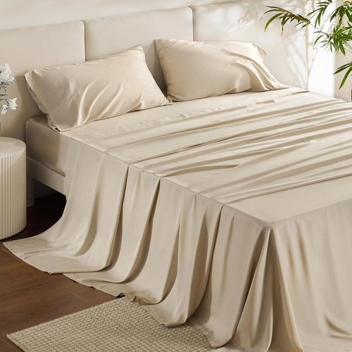 Bedsure Queen Sheet Set - Cooling Bamboo Sheets with Deep Pockets | Soft, Breathable Luxury Bedding in Beige