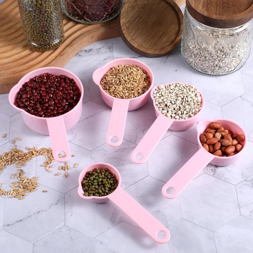 11Pcs Measuring Cups Pink Plastic Measuring Cup and Spoons, 5 Cups & 6 Spoons Set Kitchen Cup and Spoon Essentials Gadgets for Cooking & Baking Color Pink