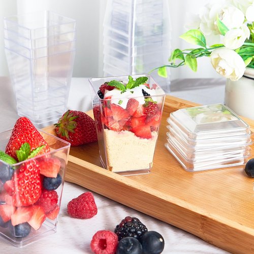 TOFLEN 25 Pack 5 oz Plastic Dessert Cups with Lids for Party, Mini Dessert Cups with Spoons Dessert Shooter Cups for Yogurt Parfait, Appetizer, Pudding, Fruit and Ice Cream