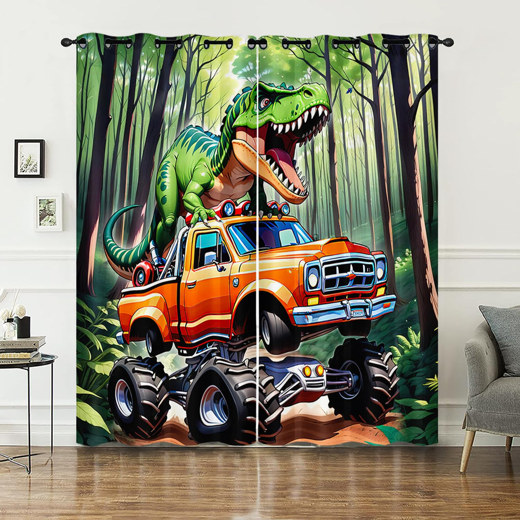 AILONEN Cartoon Truck Dinosaur Window Curtain,Kawaii Dinosaur Drapes Curtains for Bedroom Living Room for Boys Kids,Tropical Wildlife Window Treatments Drapes, 42" W x 63" H (2 Panels)