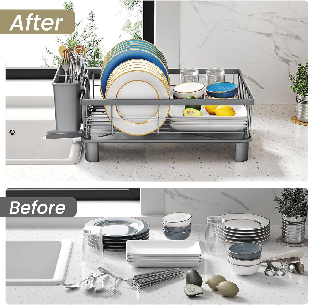 SNTD Dish Drying Rack - Stainless Steel Kitchen Dish Drainer with Utensil Holder | 11" W x 15" L (Grey)