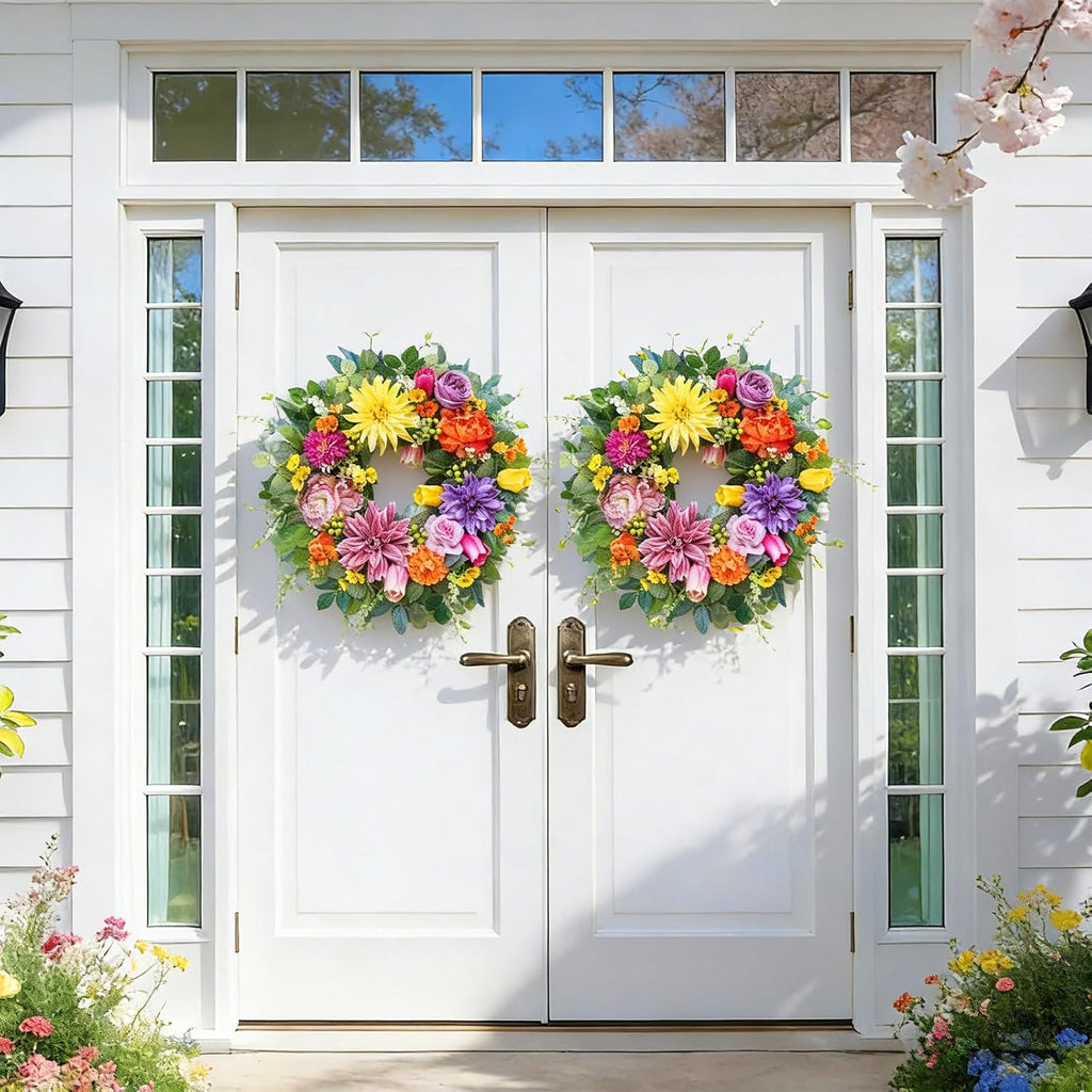 Skiennix 24-Inch Spring Summer Wreath - Luxury Colorful Floral Design with Chrysanthemums, Roses & Tulips