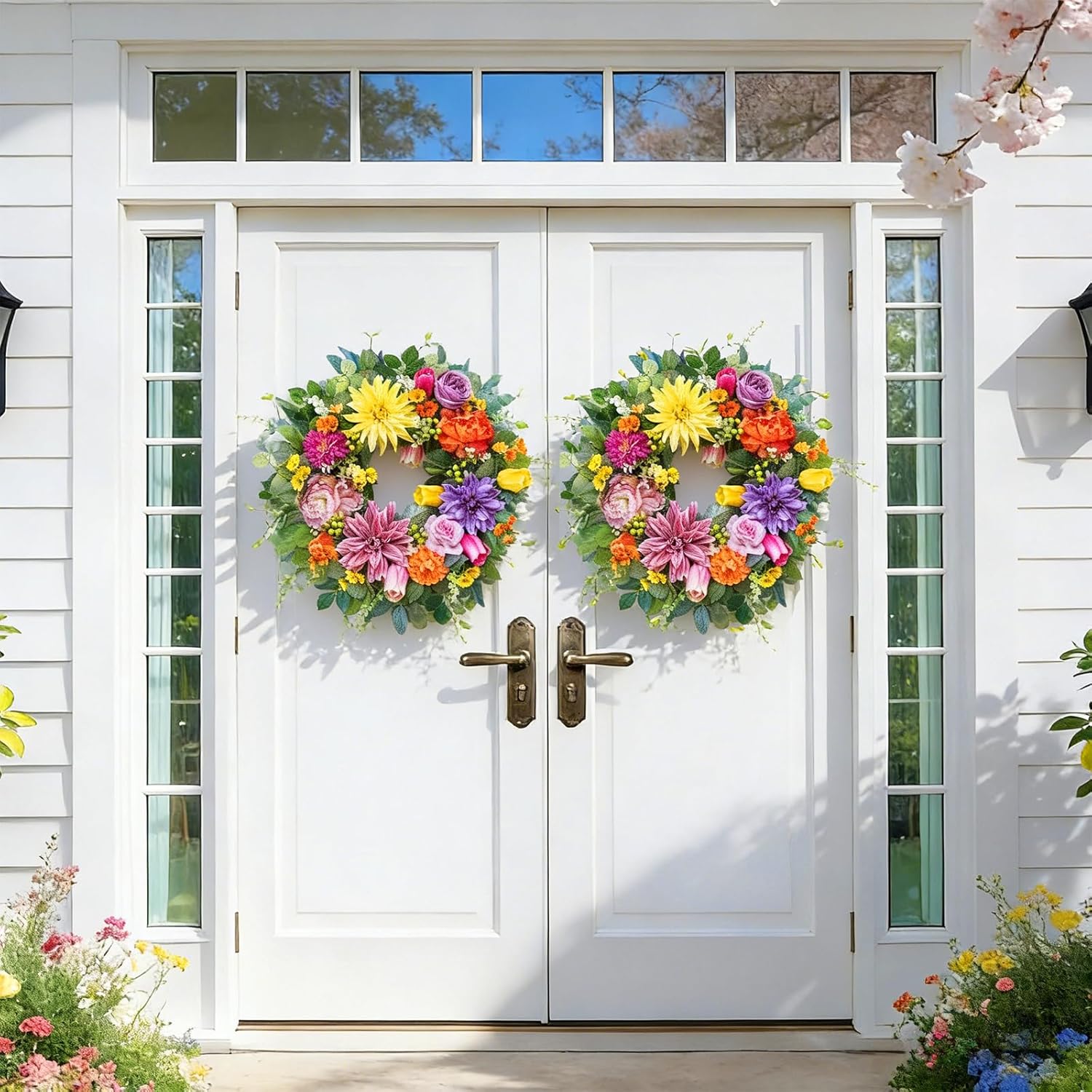 Skiennix 24-Inch Spring Summer Wreath - Luxury Colorful Floral Design with Chrysanthemums, Roses & Tulips