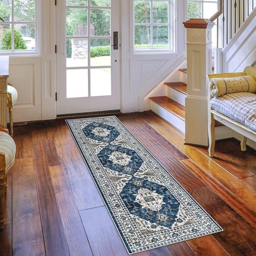 Hallway Washable Runner Rug - Vintage Soft Non-Slip 2x7 Entryway Floor Mat | Blue