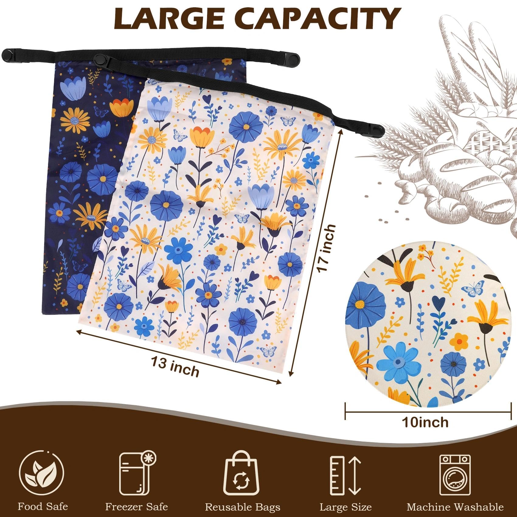 Revahope 2 Pack Reusable Bread Bags for Homemade Bread, 17"×13" Sourdough Bread Storage Bags with Bowl Cover - Keep Loaf Fresh and Easy to Wash(Blue-Yellow Floral)