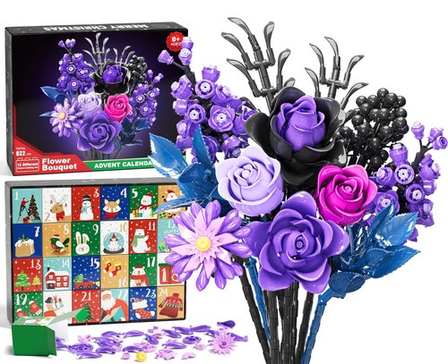 Advent Calendar 2025 for Adults Teens, 12 Purple Rose Flower Bouquet Building Blocks, 24 Days Surprise Christmas Countdown Calendar with 822 PCS Gothic Artificial Flowers Home Decor for Women Men Teen
