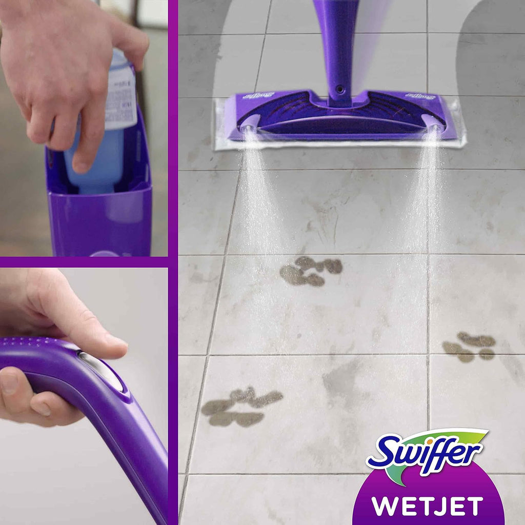 Swiffer WetJet Floor Spray Mop Starter Kit - Includes 1 Mop, 5 Pads, Cleaning Solution & 4 Batteries