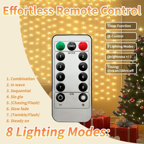 Fairy Curtain Lights - 200 LED Tangle-Free String Lights with Remote | USB Plug for Bedroom, Wedding & Home Décor - 9.8 x 6.6 Ft, Warm White
