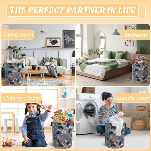 Jbofyee Video Game Grey Background Laundry Hamper Bag With Waterproof Liner - Gaming Theme Round Laundry Basket Foldable Clothes Storage Organizer For Bathroom Bedroom Nursery Dorm, S-16.5"X 13.8"