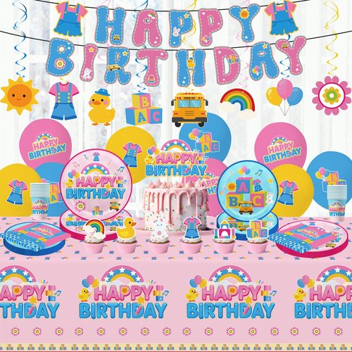 112pcs English Teacher Birthday Decorations Tableware Set Include Banner,Hanging Swirls, Waterproof Tablecloth,Latex Balloons,Paper Plates of 2 Size,Cake Topper, Napkins and Paper Cups