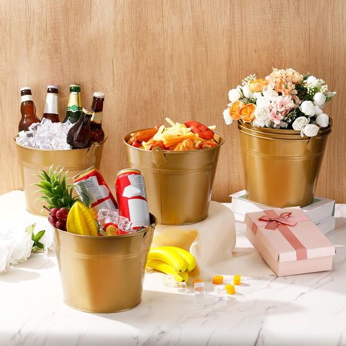 Didaey 24 Pcs Metal Beer Bucket Bulk Ice Bucket Ice Pails with Handle Champagne Soda Party Beverage Chiller for Summer Picnic Pool Wedding Party Supplies Wine Champagne Bar (7.1 x 6.5 x 5.1",Gold)