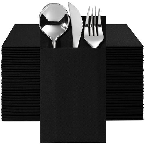 100-Pack Disposable Napkins With Pocket For Flatware, Black Napkins Paper For Wedding, Dinner Or Party, Built-In Pocket For Silverware, Prefolded