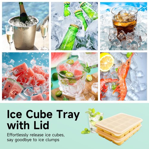 Tvmania Ice Cube Trays Set of 2, Easy Release 15 Flexible Silicone Ice Cube Molds with Removable Lid Reusable Freezer Ice Trays Stackable for Whiskey, Baby Food, BPA Free (yellow)